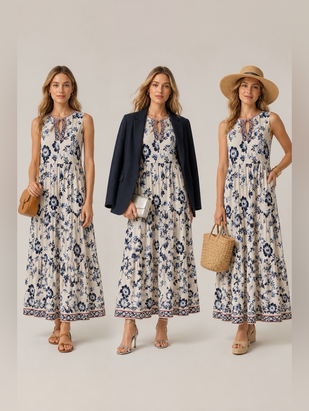 Max Studio Cream Maxi Dress with Blue Floral Print